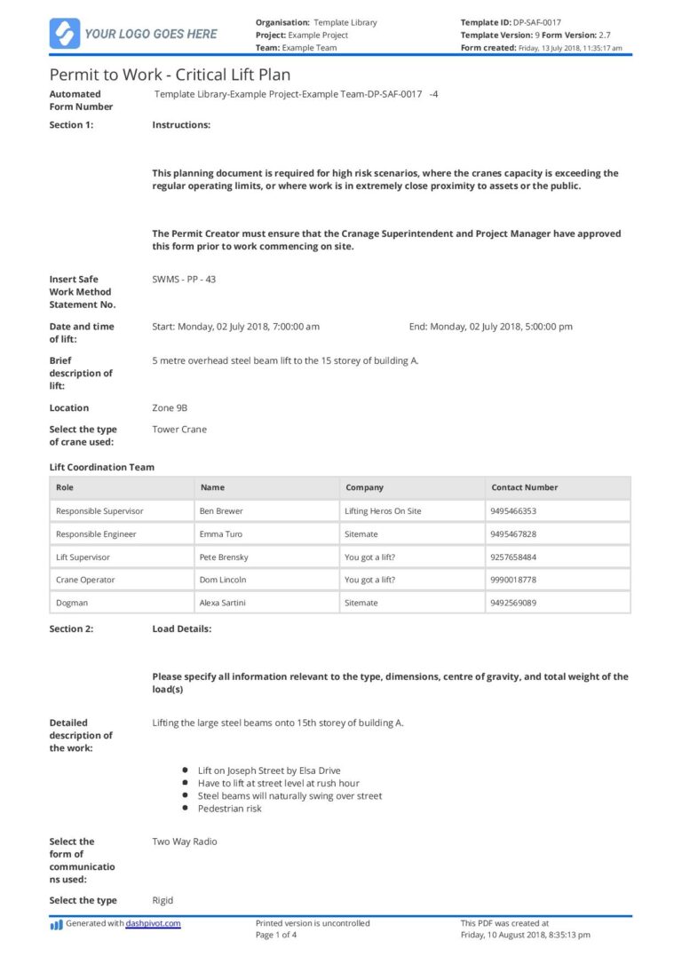 Critical Lift Plan Template Free And Customisable