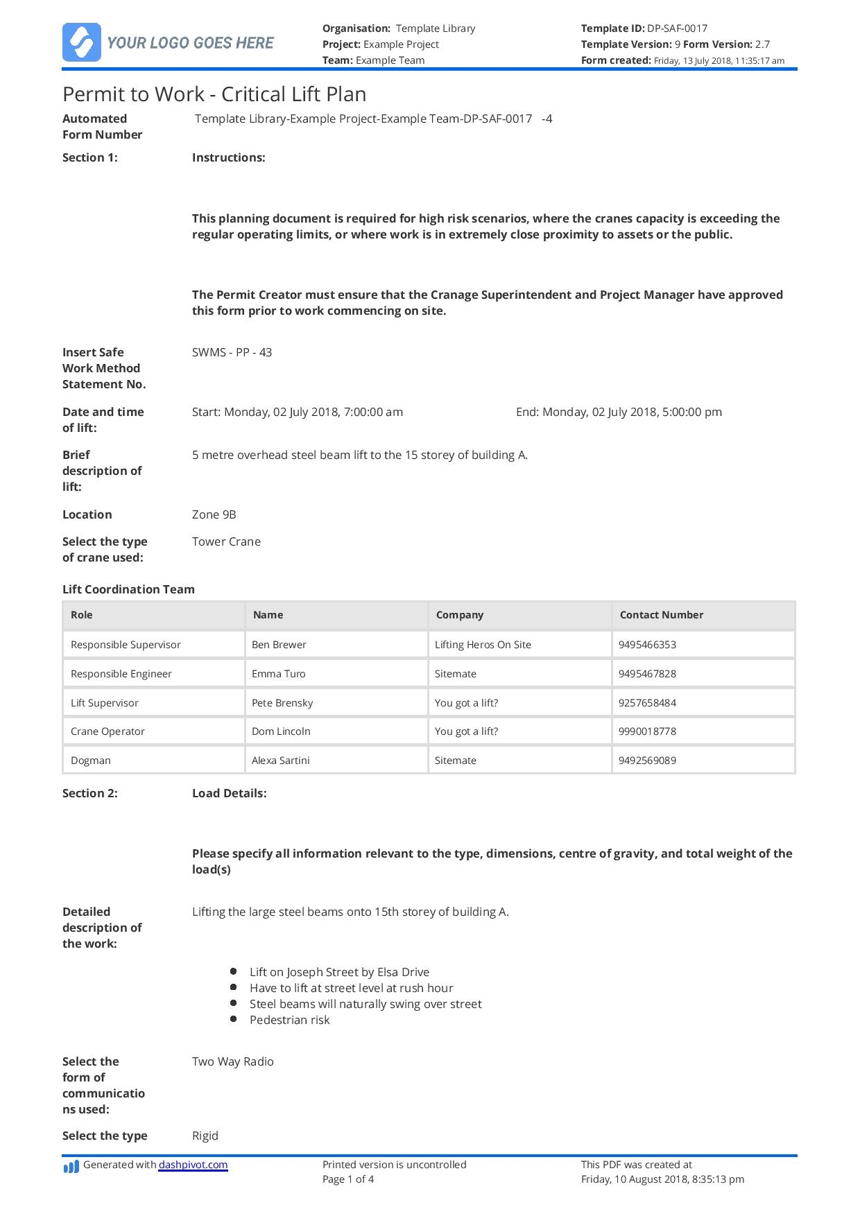 Critical Lift Plan Template Free And Customisable