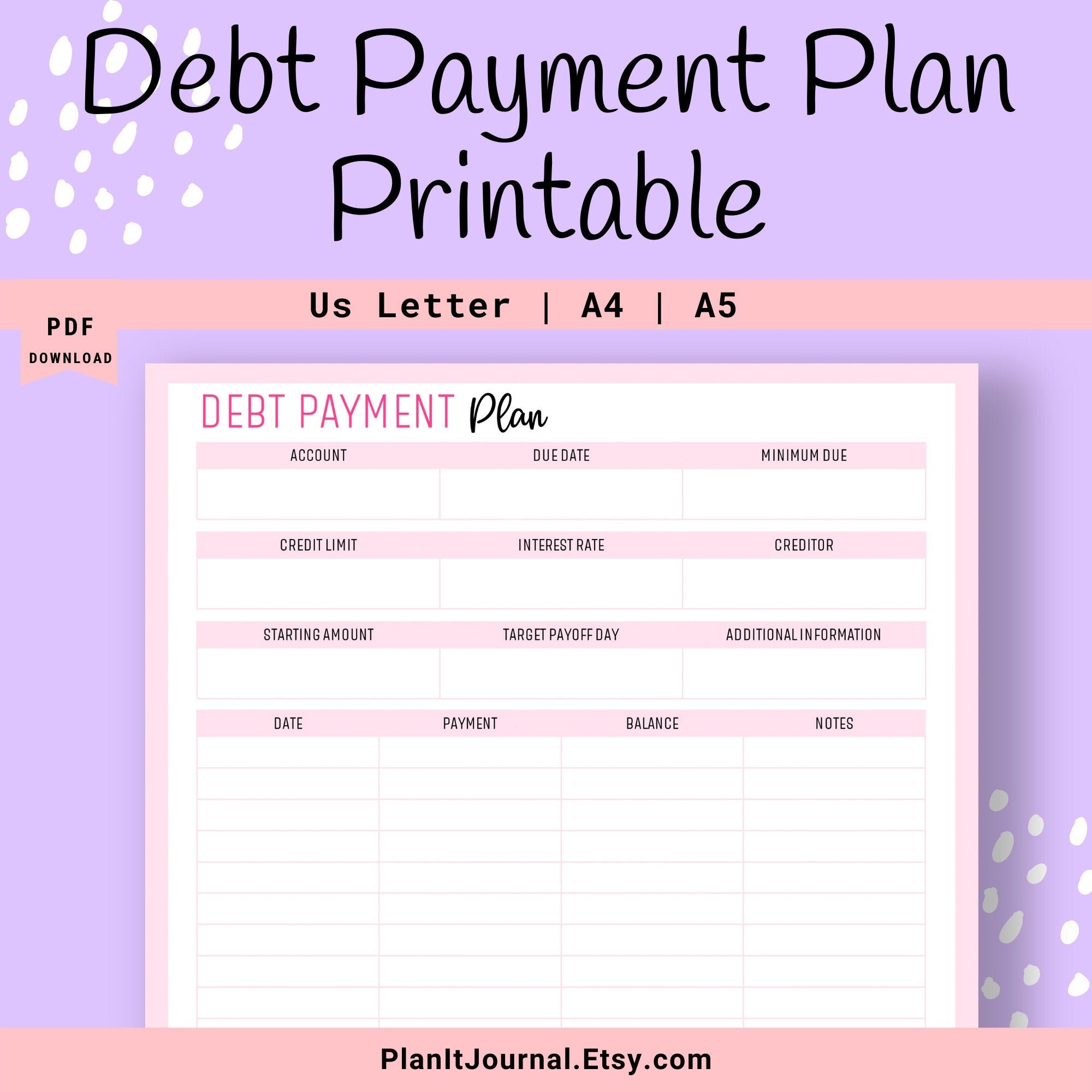 Debt Payment Plan Printable PDF Digital Download 