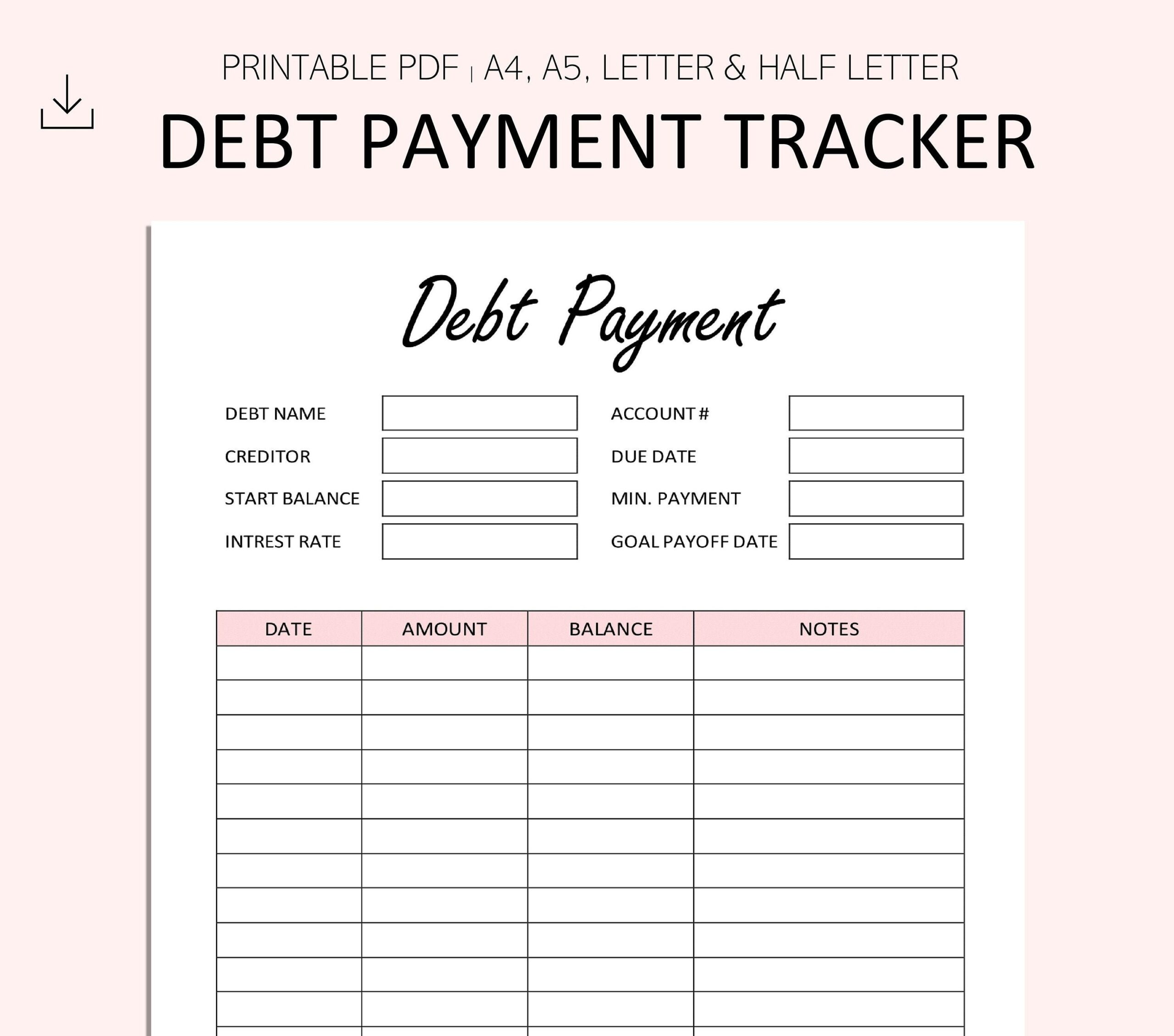Debt Payment Tracker Printable Debt Payoff Planner Debt Snowball Financial Printable Inserts PDF A4 A5 Letter Half Letter Etsy