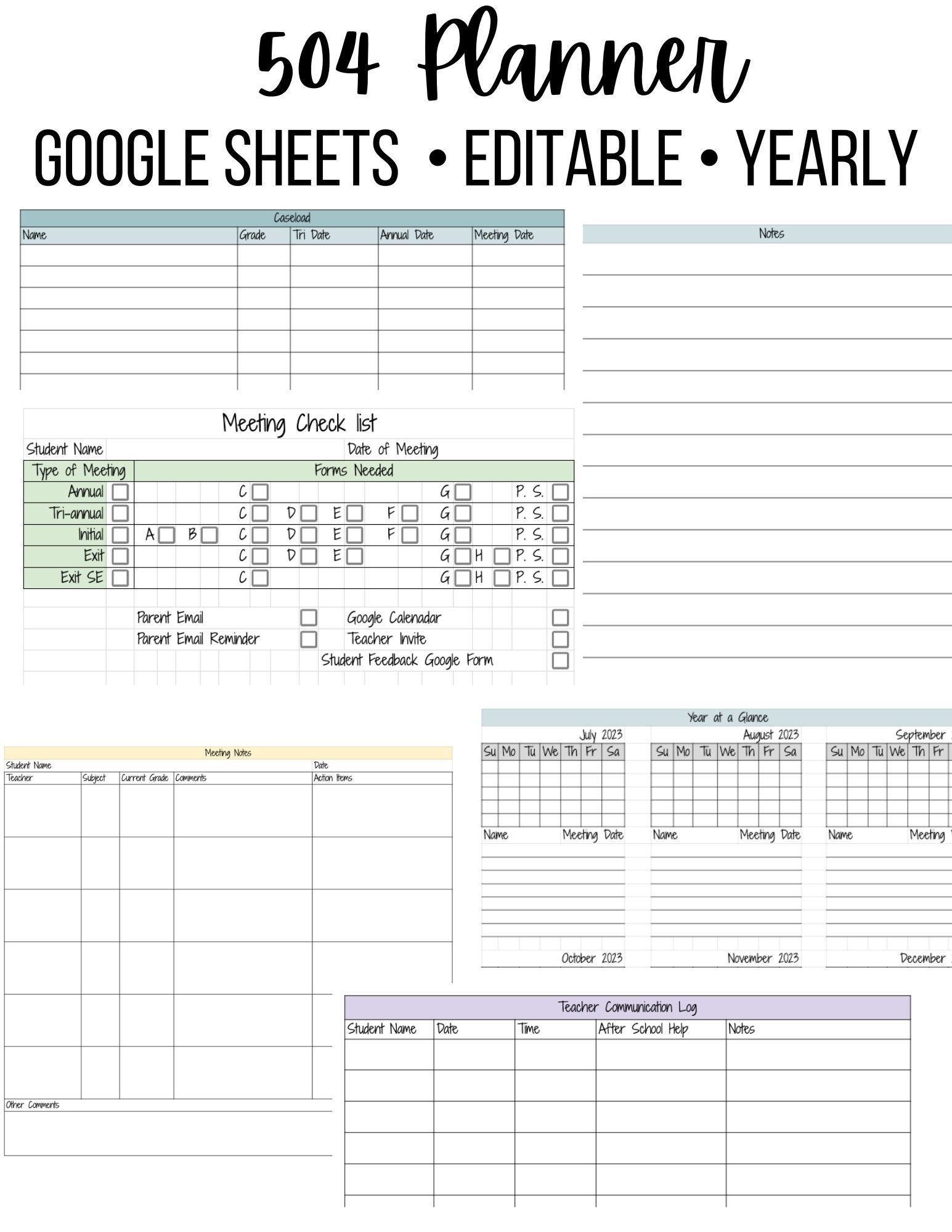 Digital 504 Yearly Editable Planner Google Sheets 504 Coordinator Caseload School Counselor Planner Page