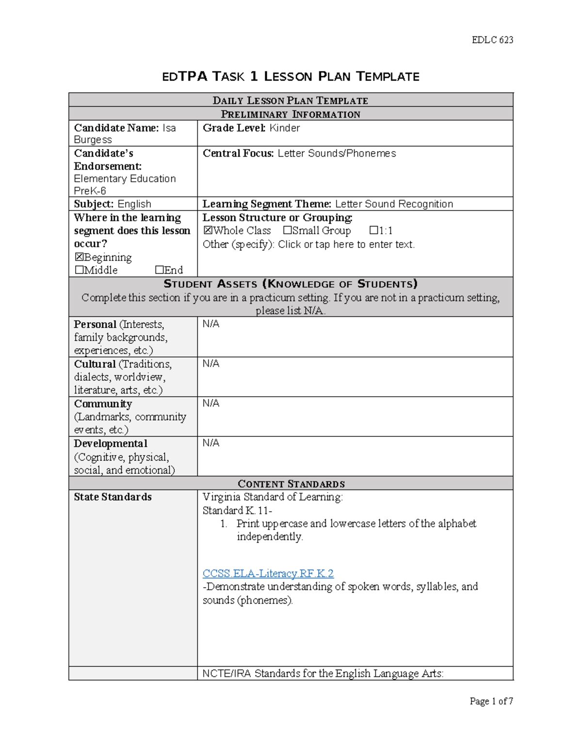 Ed TPA Task 1 Lesson Plan EDTPA TASK 1 LESSON PLAN TEMPLATE DAILY LESSON PLAN TEMPLATE PRELIMINARY Studocu