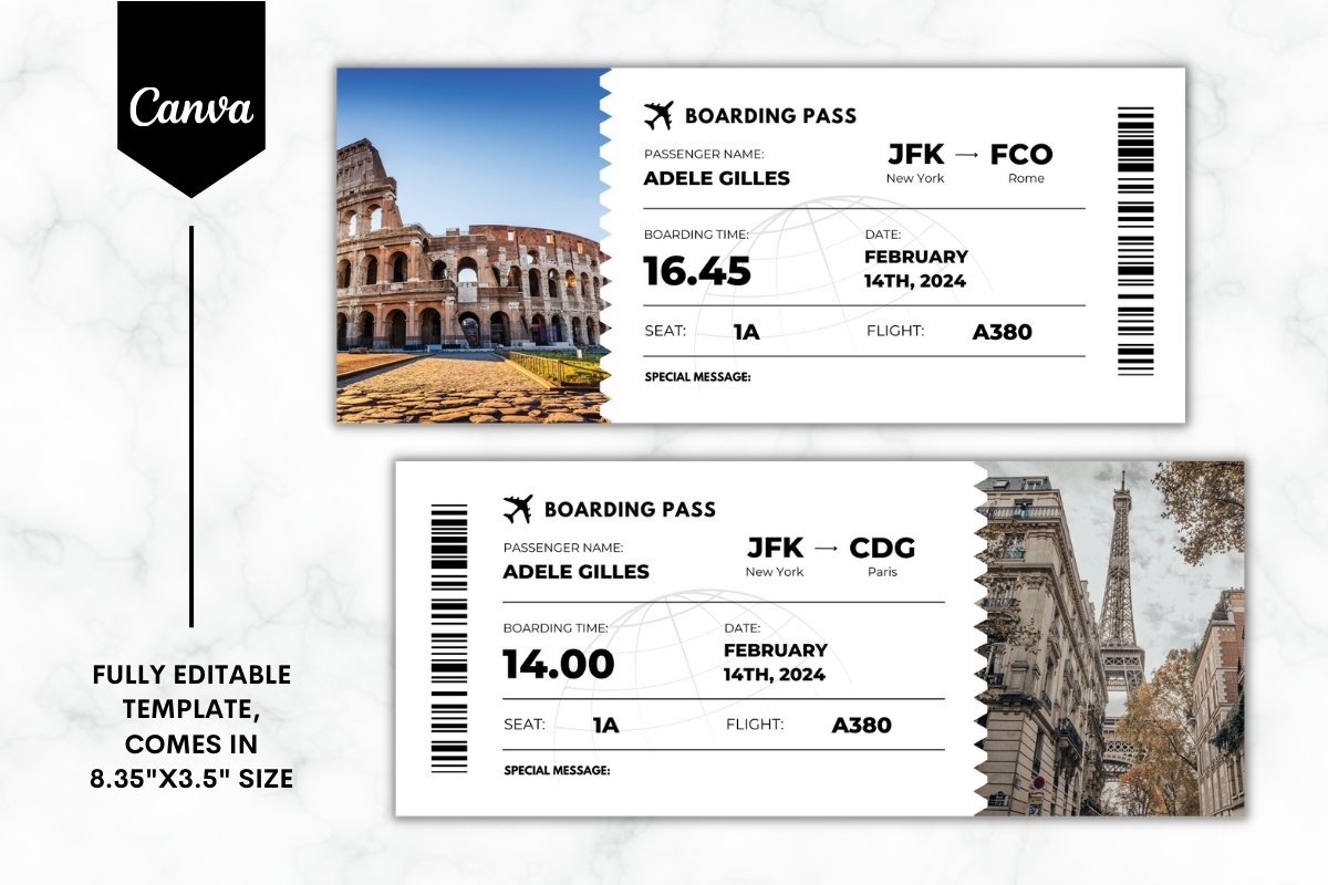 Editable Boarding Pass Ticket Canva Template Bu0026W