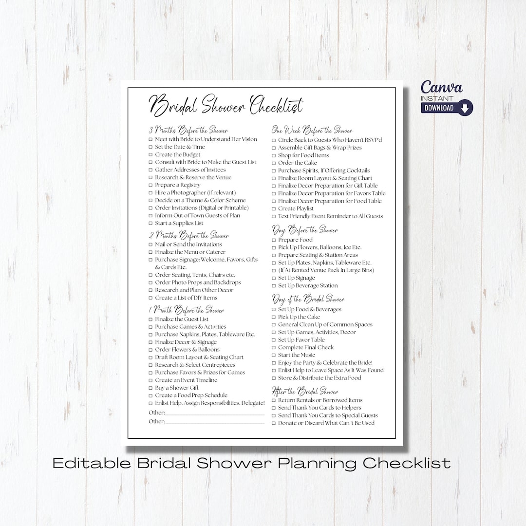Editable Bridal Shower Planning Checklist Template Printable Wedding Shower Planner Bridal Shower Checklist Bridal Shower List Etsy
