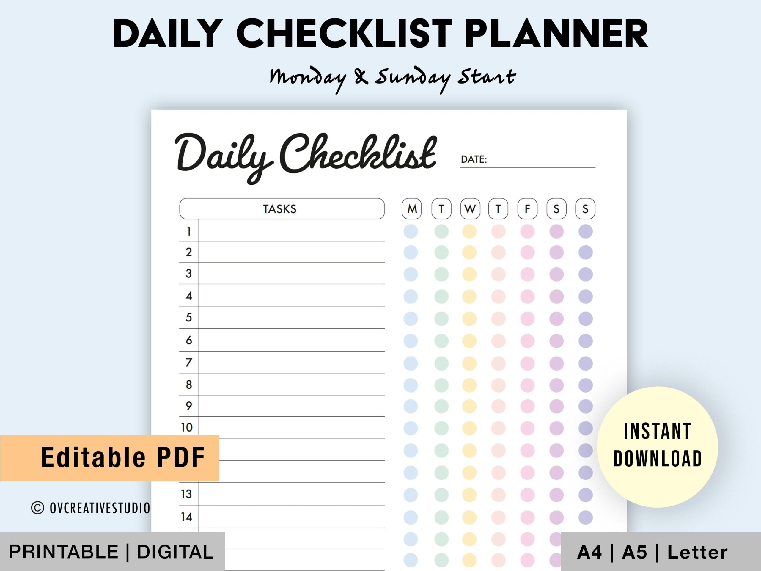 Editable Daily Checklist Printable Weekly To Do List Weekly Checklist Template Daily Task Planner Template Daily Routine PDF Etsy