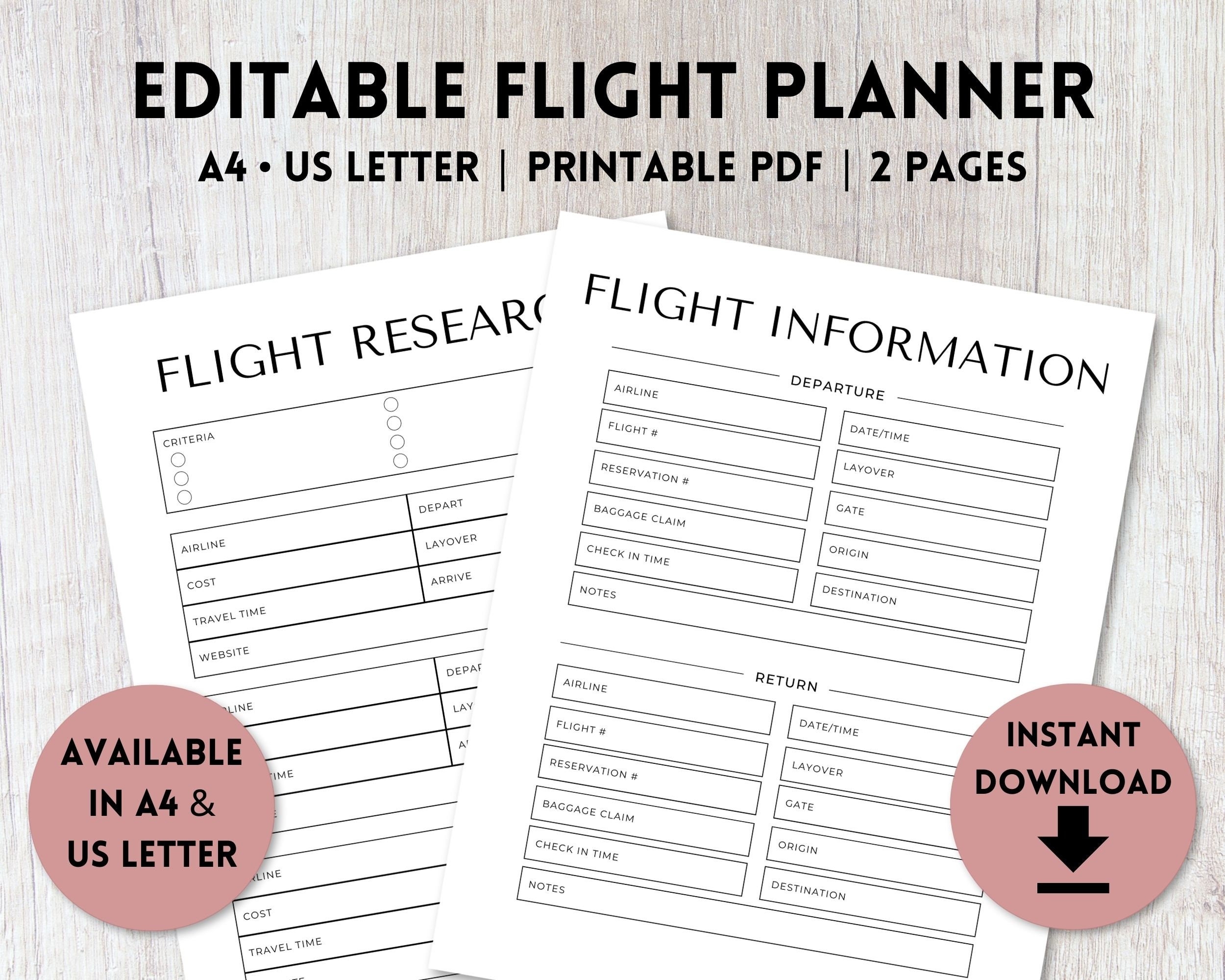 Editable Flight Planner Printable Flight Information Sheet 