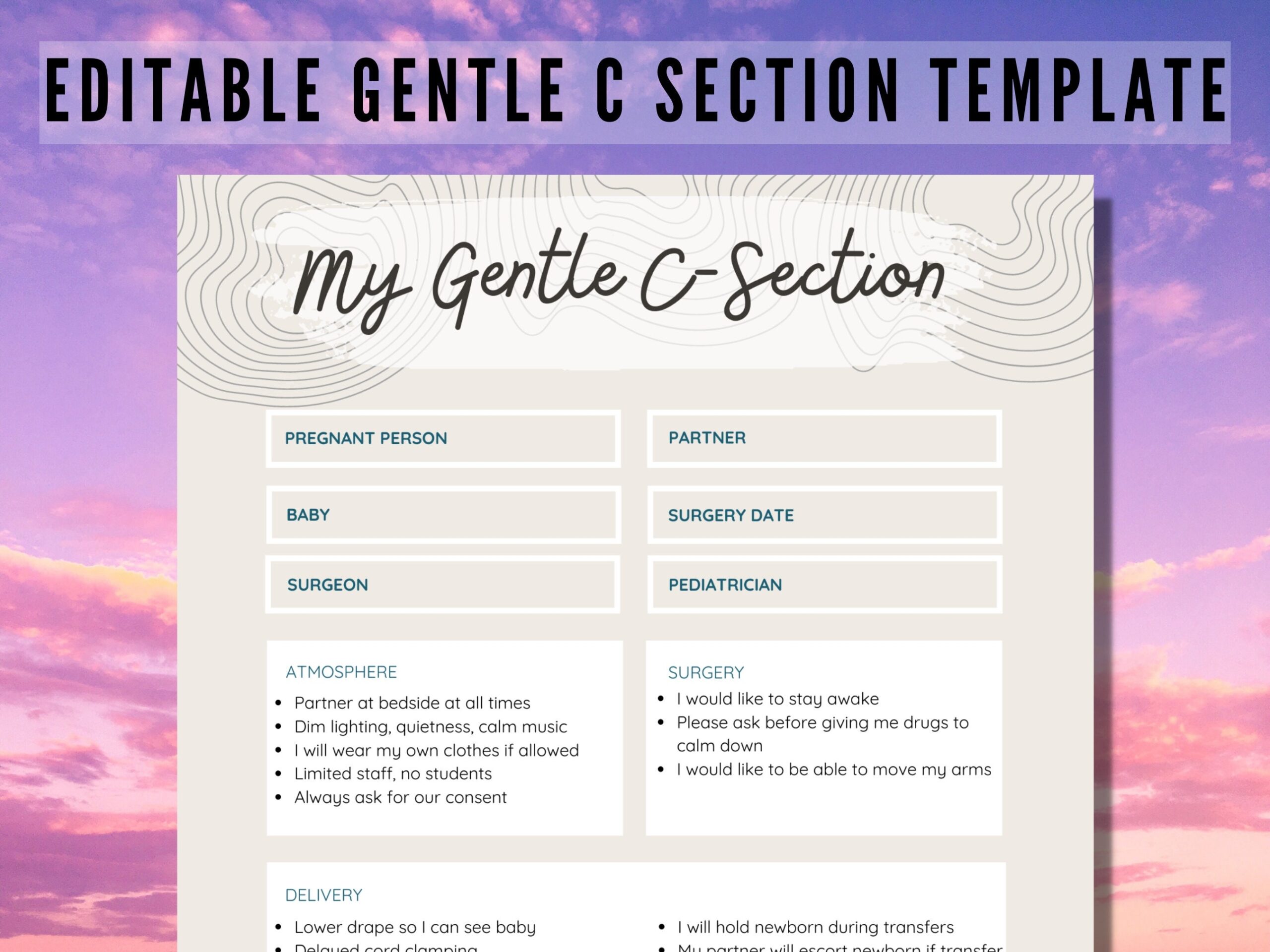 Editable Gentle C section Birth Plan Canva Template Customize 