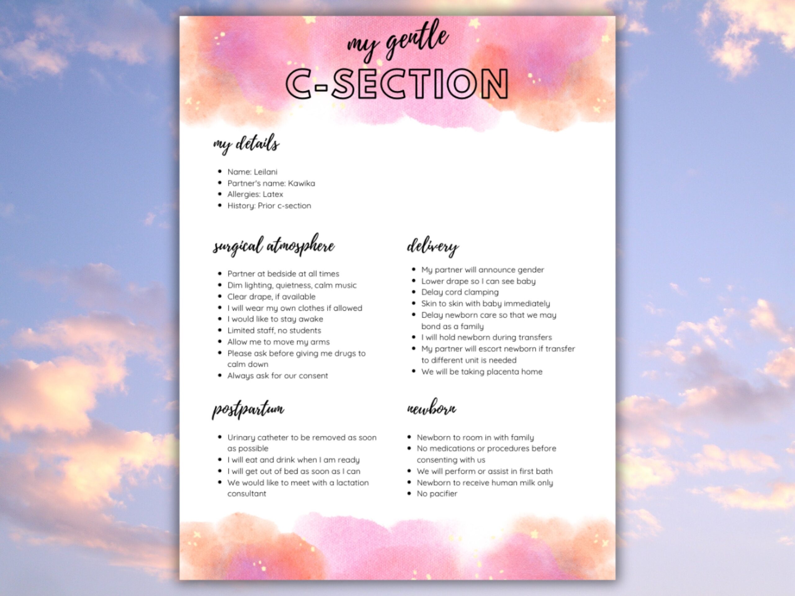 Editable Gentle C section Birth Plan Canva Template Customize 