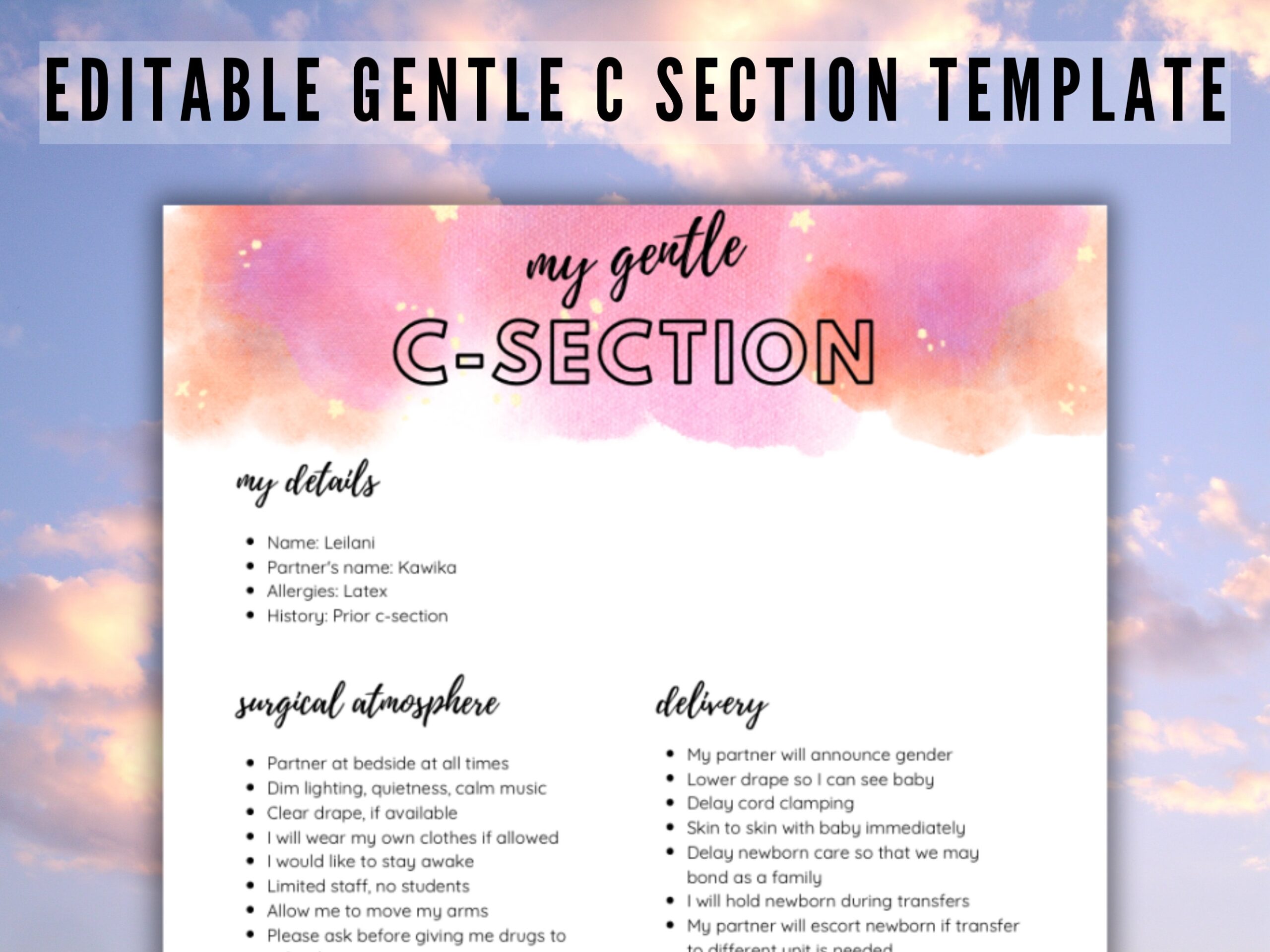 Editable Gentle C section Birth Plan Canva Template Customize 