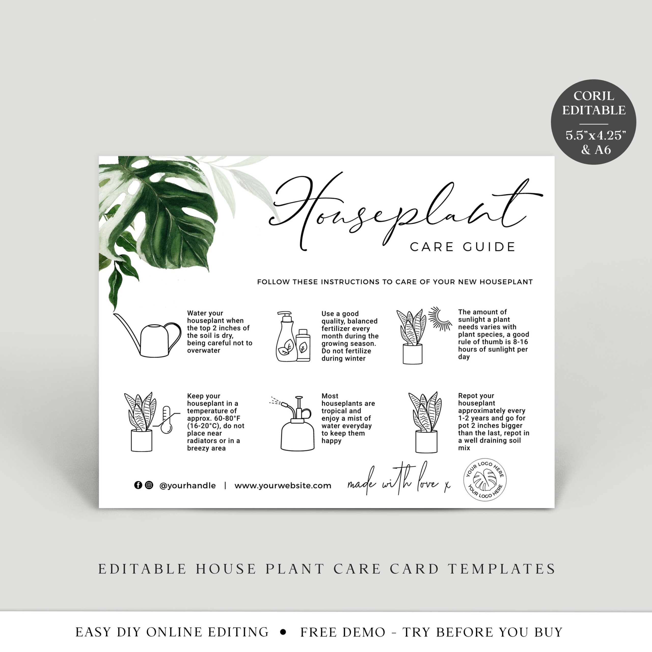 Editable Houseplant Care Card Printable Plant Care Template 
