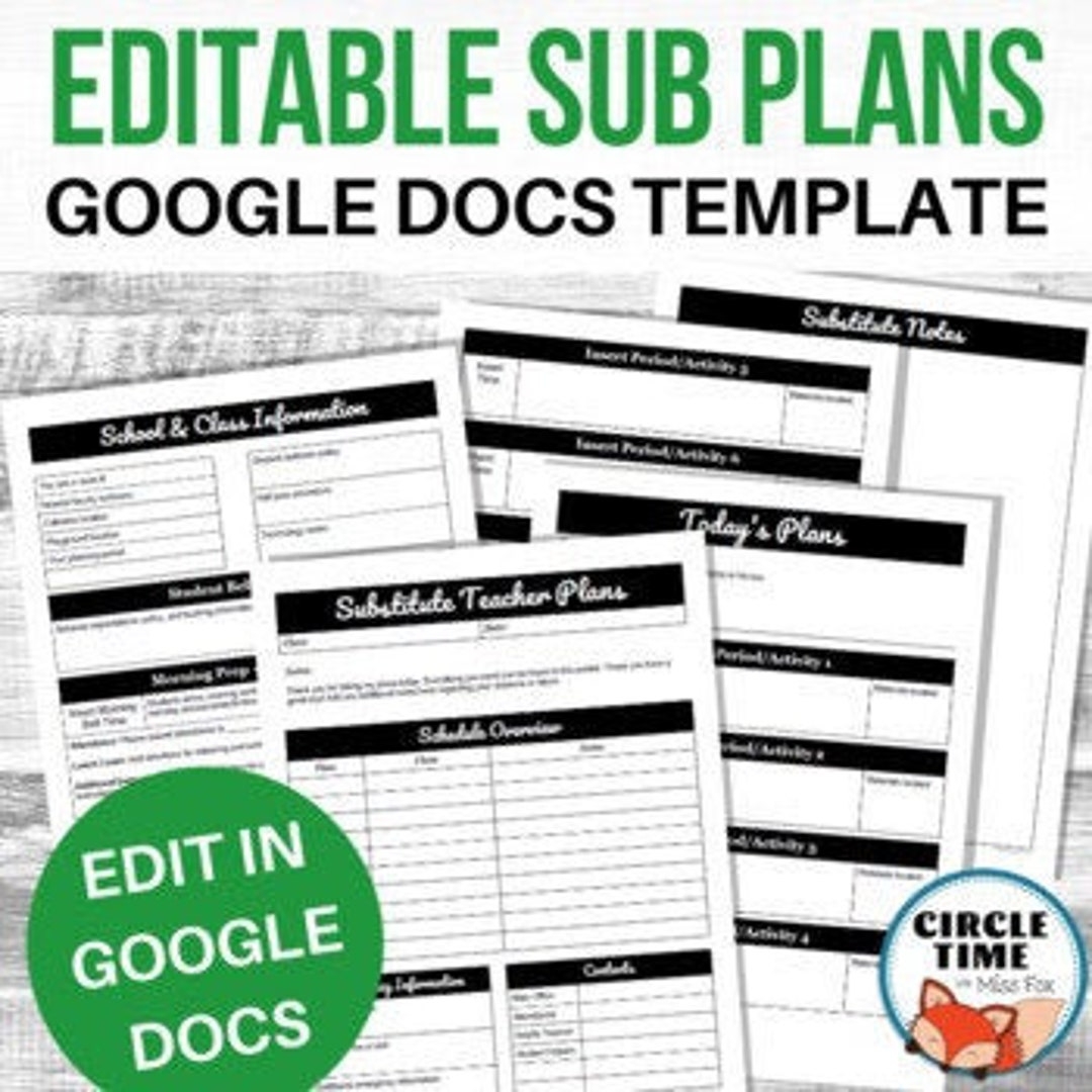 Editable Sub Plans Substitute Teacher Plans Sub Plan Template 