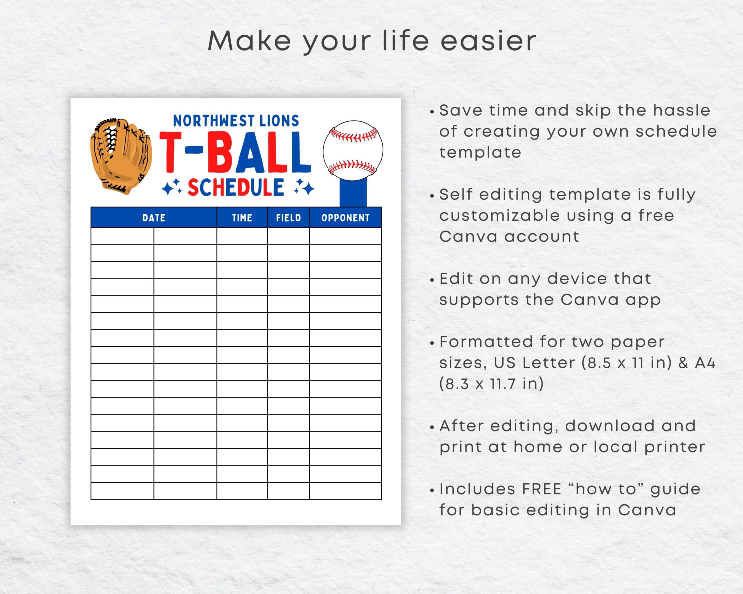 Editable T ball Schedule Template Printable T ball Game Practice Calendar Etsy