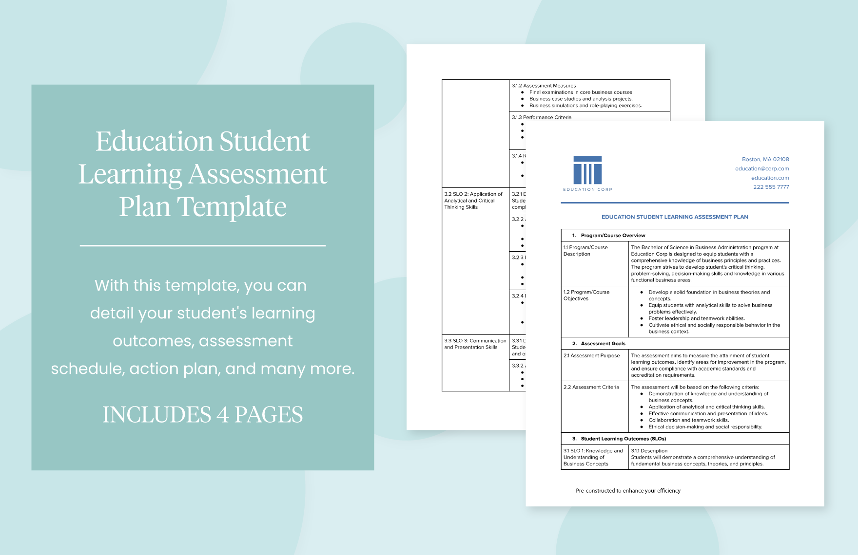 Education Student Learning Assessment Plan Template In Word PDF 