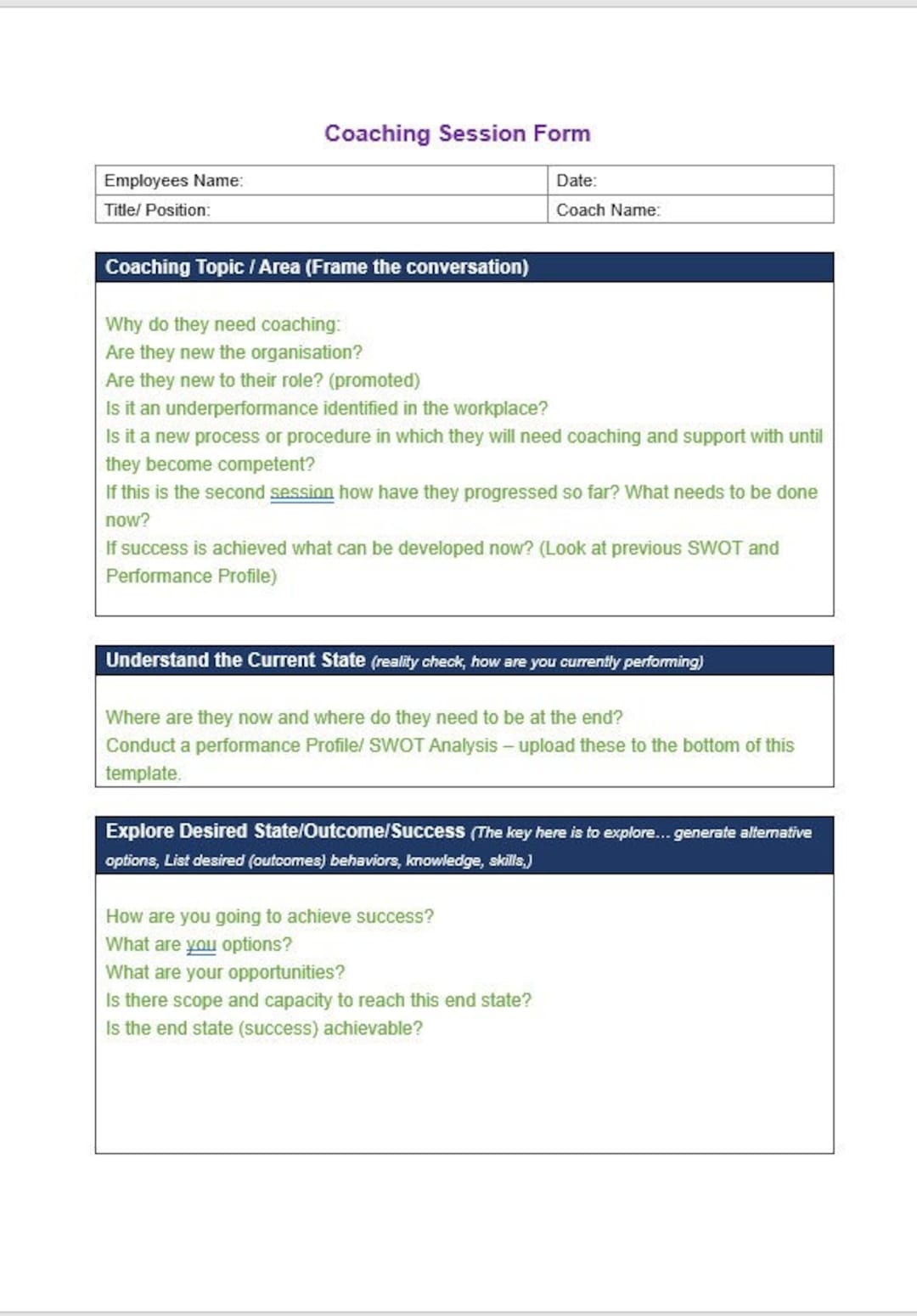 Employee Coaching Template Coaching Plan Worksheet Mentor Manager Coach Document Human Resource Employee Performance HR Template Etsy