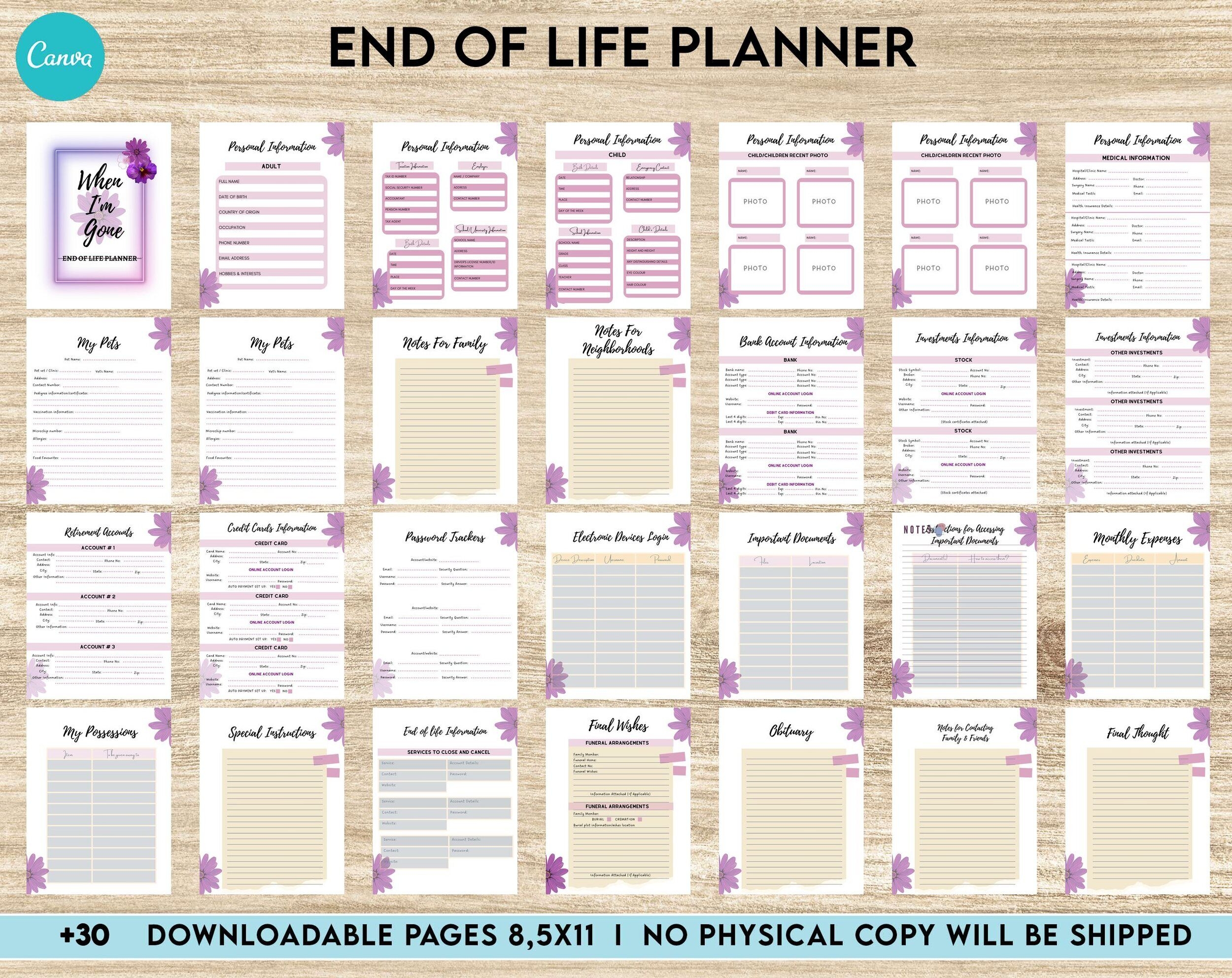 End Of Life Planner Final Wishes Planner What If Emergency Binder Editable Templates Legacy Planner Funeral Planner Estate Planning Organizer Canva 