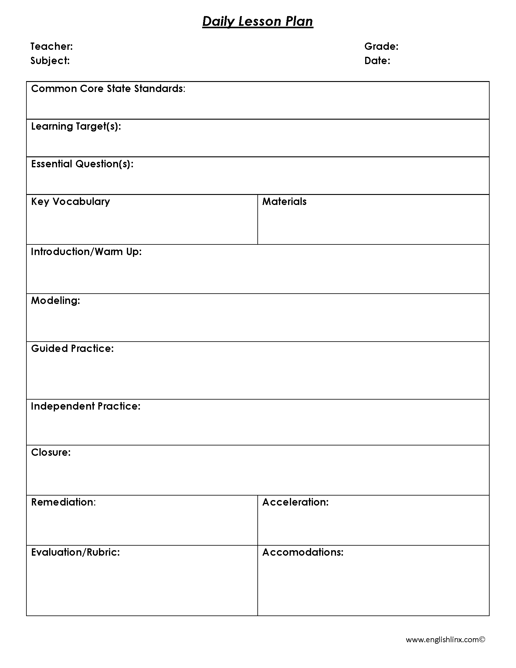 Englishlinx Lesson Plan Template Worksheets