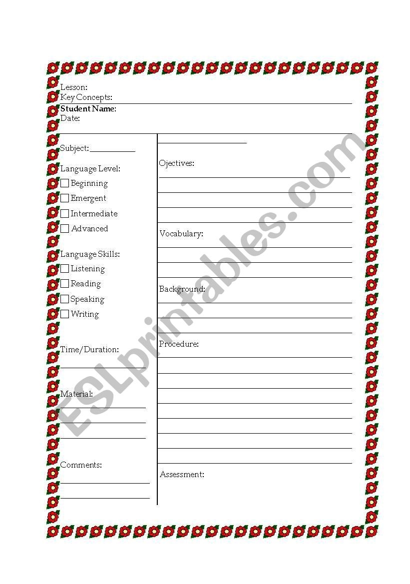 ESL Lesson Plan Template ESL Worksheet By Darin