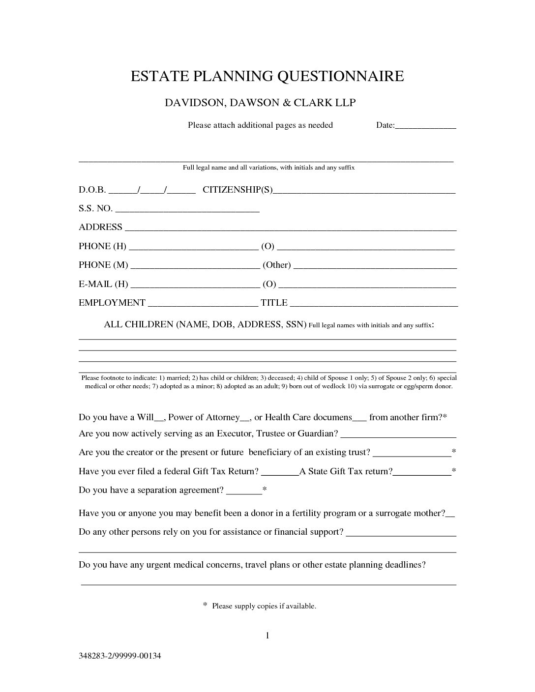 ESTATE PLANNING QUESTIONNAIRE single long form Davidson Dawson U0026 Clark LLP