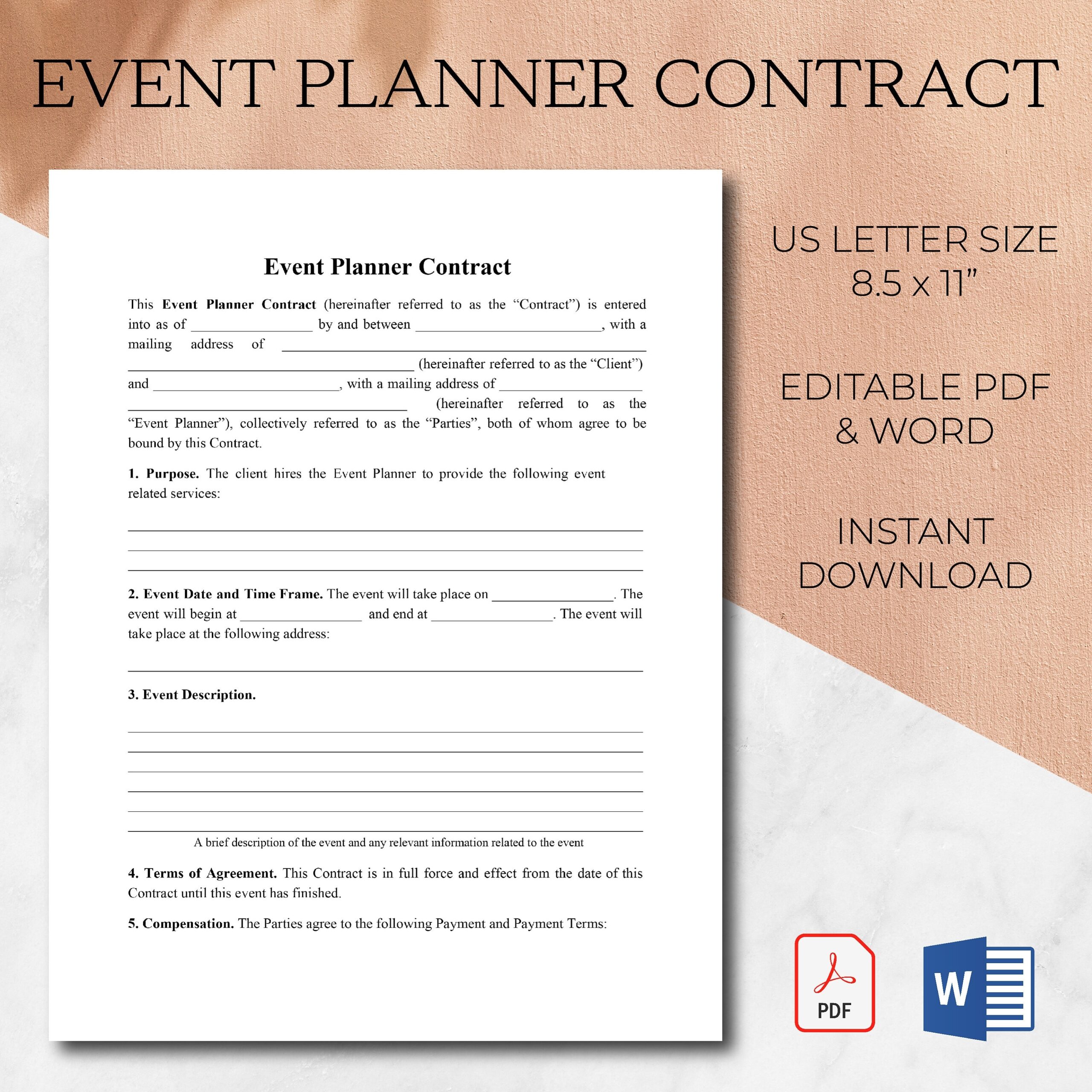 Event Planner Contract Editable Template Event Planning Agreement PDF Microsoft Word Template Event Planning Form Wedding Planner Form Etsy