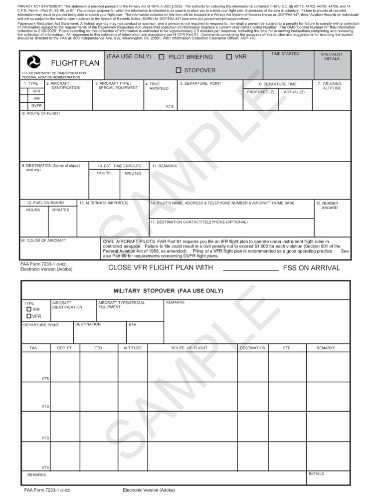 FAA Form 7233 1 Flight Plan