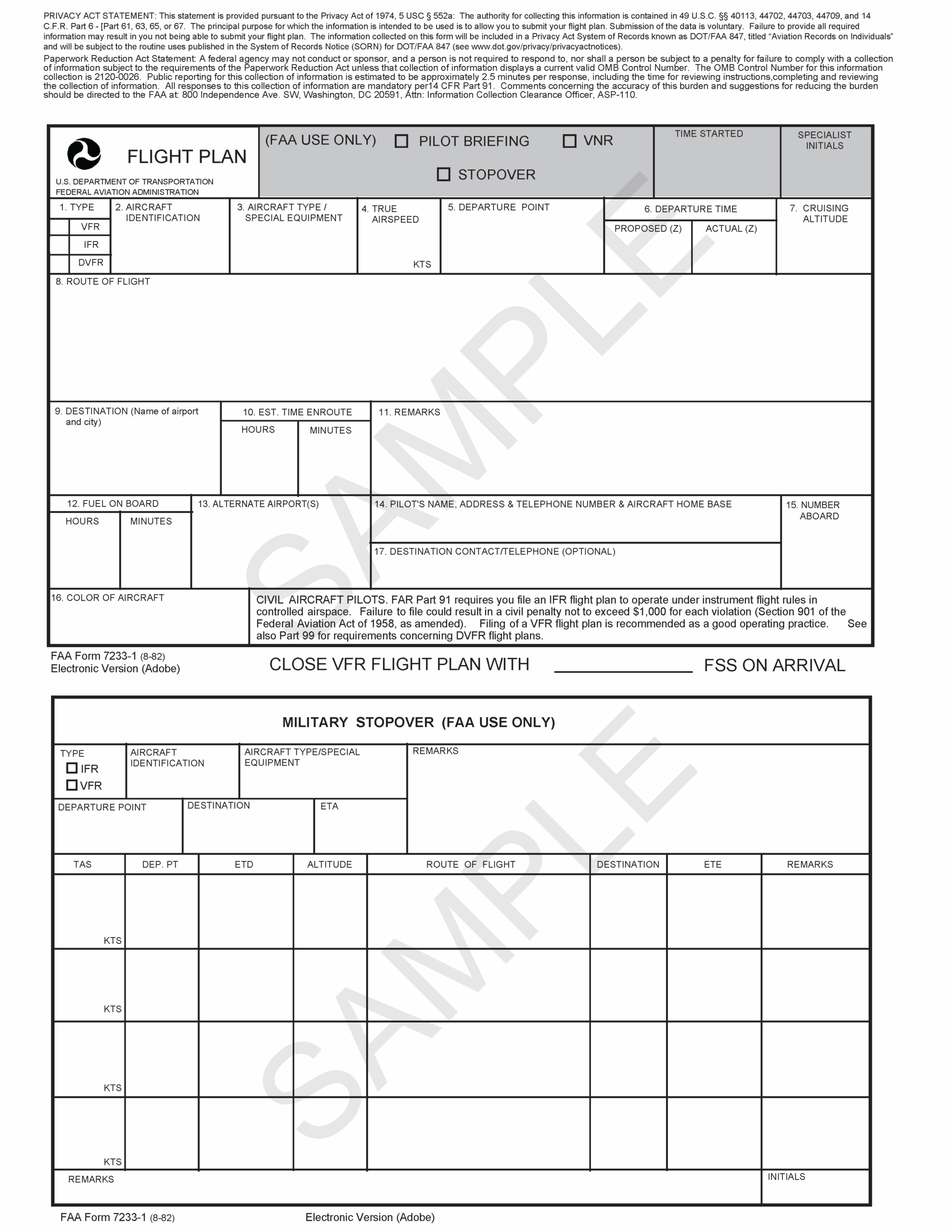 FAA Form 7233 1 Flight Plan