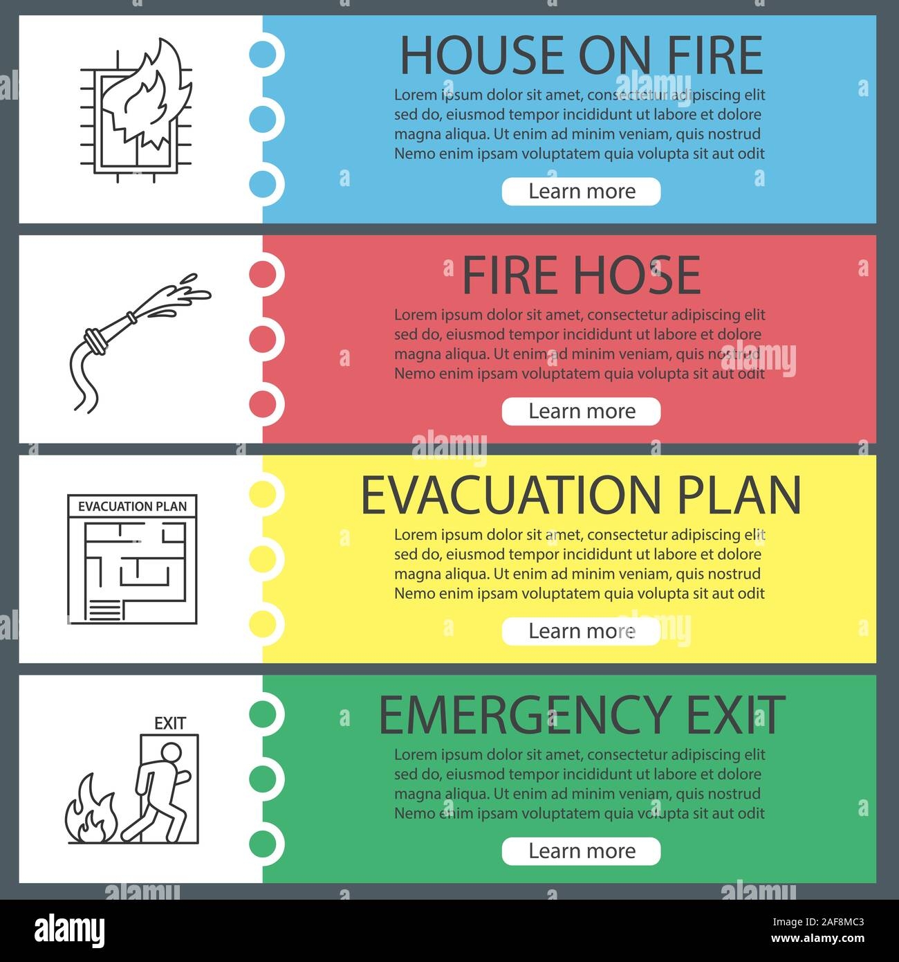 Firefighting Web Banner Templates Set House On Fire Evacuation Plan Hose Emergency Exit Website Color Menu Items With Linear Icons Vector Header Stock Vector Image U0026 Art Alamy