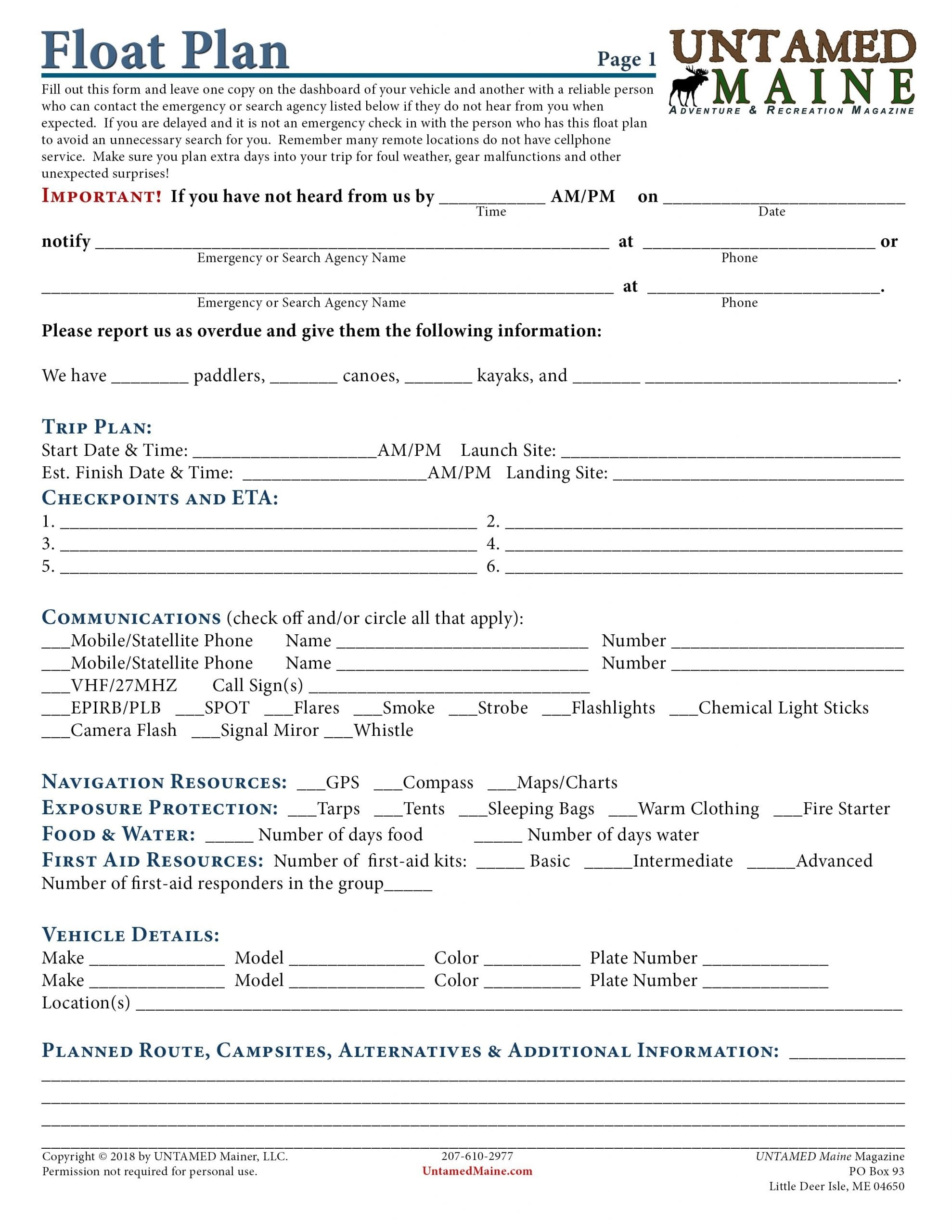 Float Plan For Canoeing Kayaking And Boating UNTAMED Mainer
