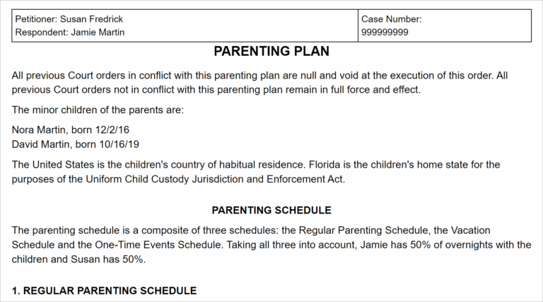 Florida Parenting Plan Guidelines FL Custody Agreements 