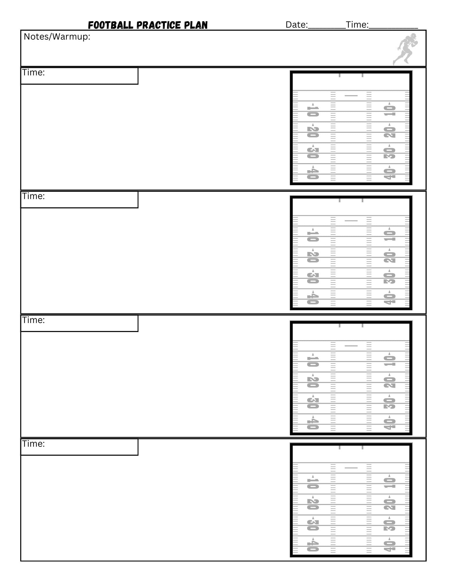 Football Field Practice Plan Sheets For Coach Or Player 8 5x11 6 