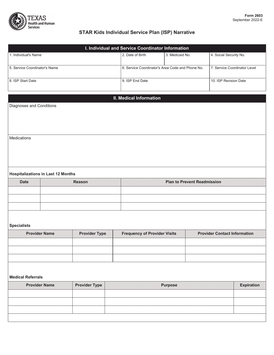 Form 2603 Download Fillable PDF Or Fill Online Star Kids Individual Service Plan Isp Narrative Texas Templateroller
