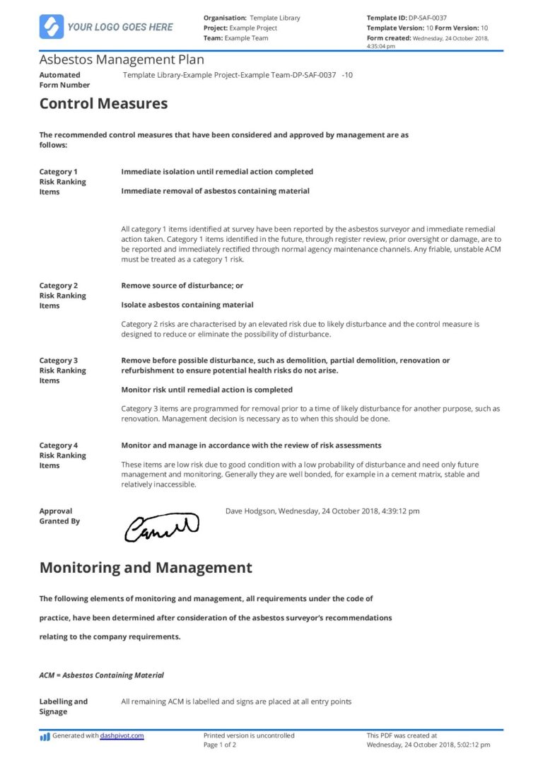 Free Asbestos Management Plan Template Use Customise And Download