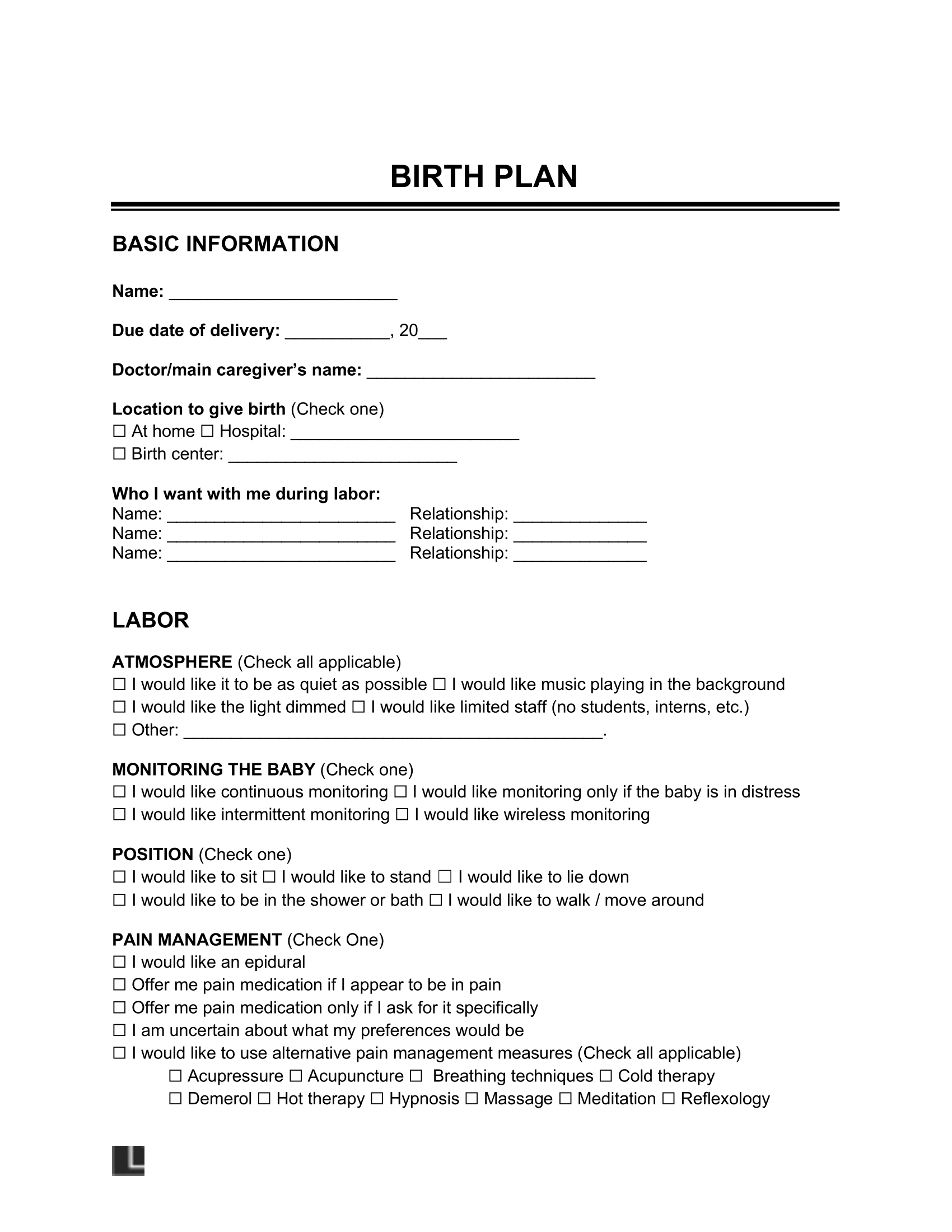Birthing Plan Template Free Printable