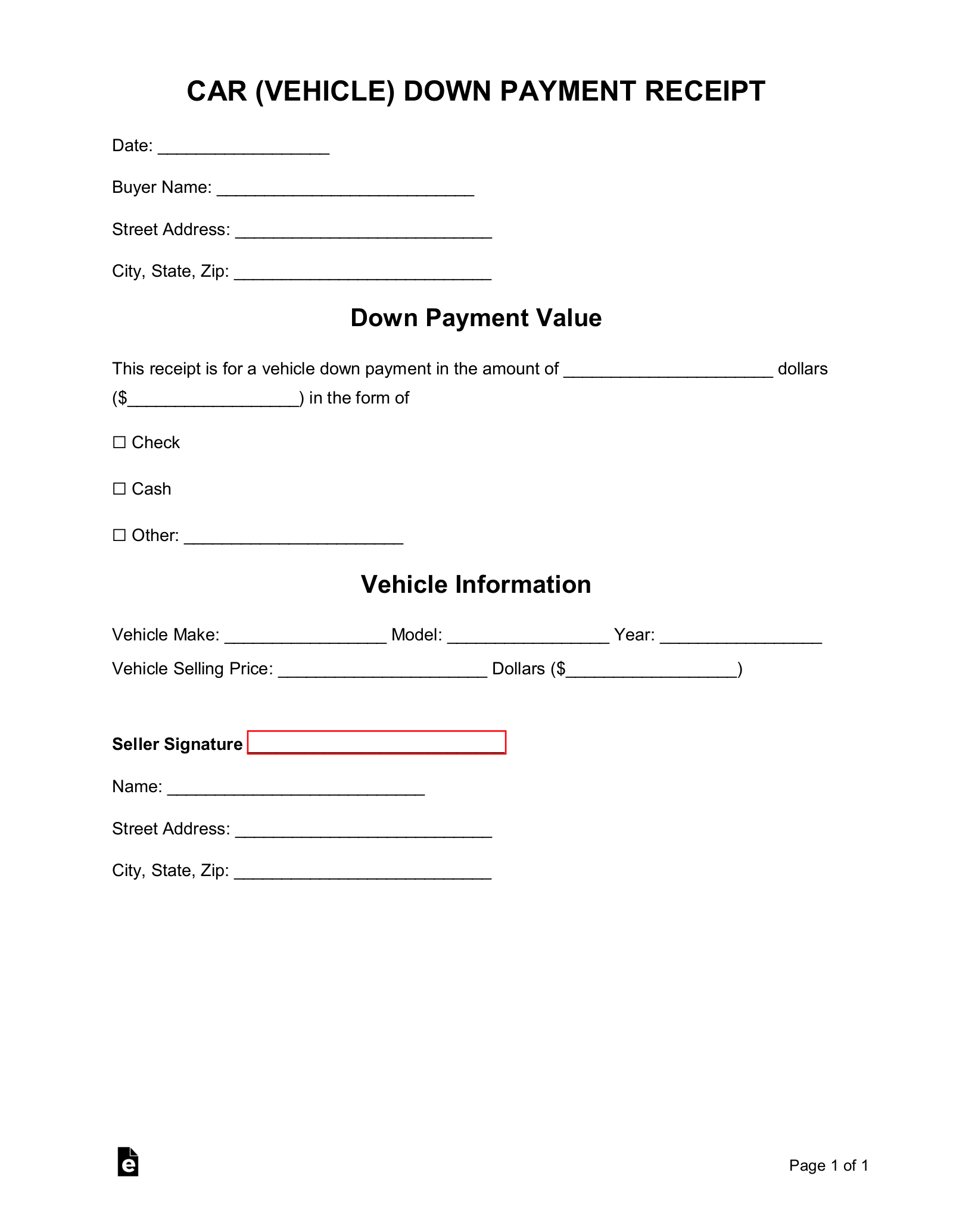 Free Car Vehicle Down Payment Receipt Template PDF Word EForms