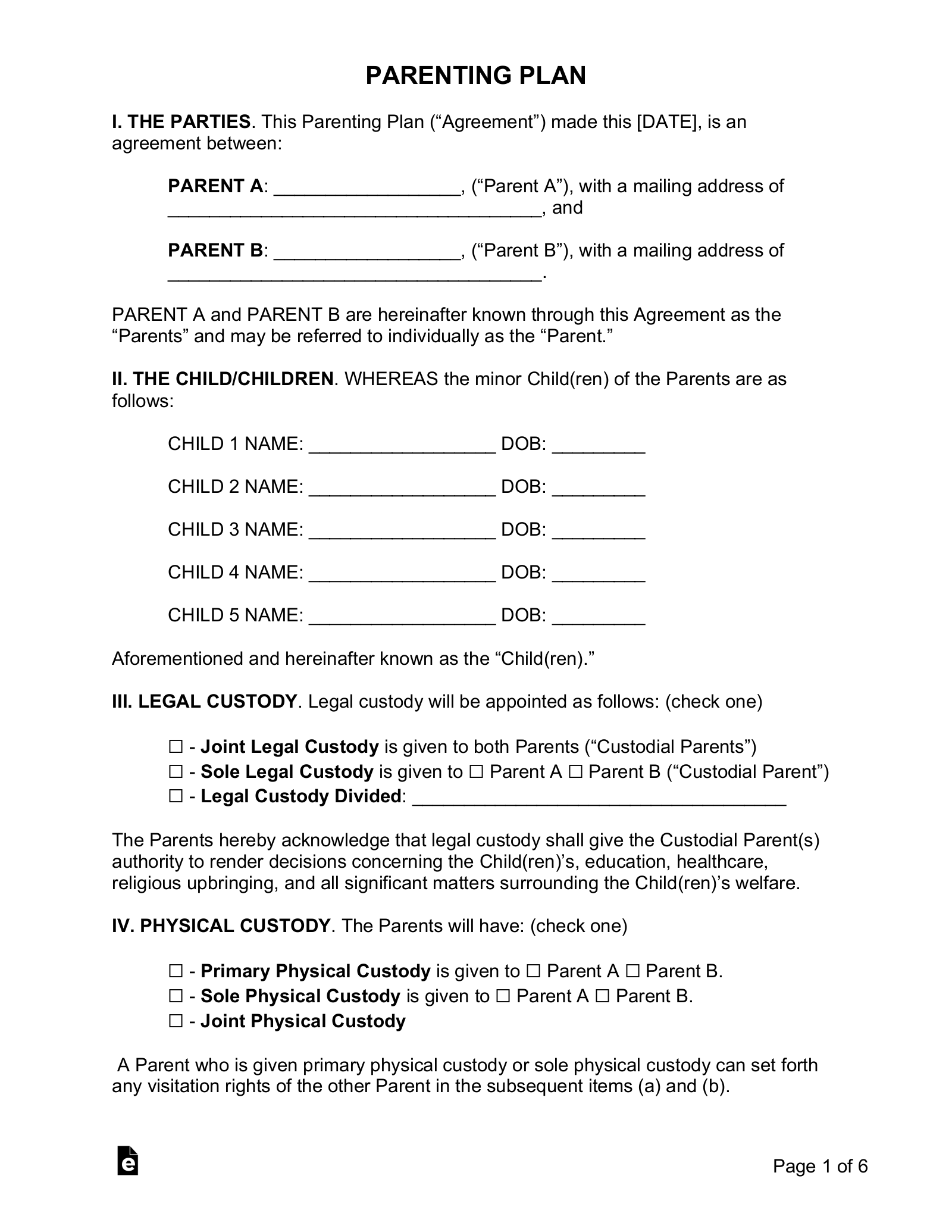 Texas Parenting Plan Template