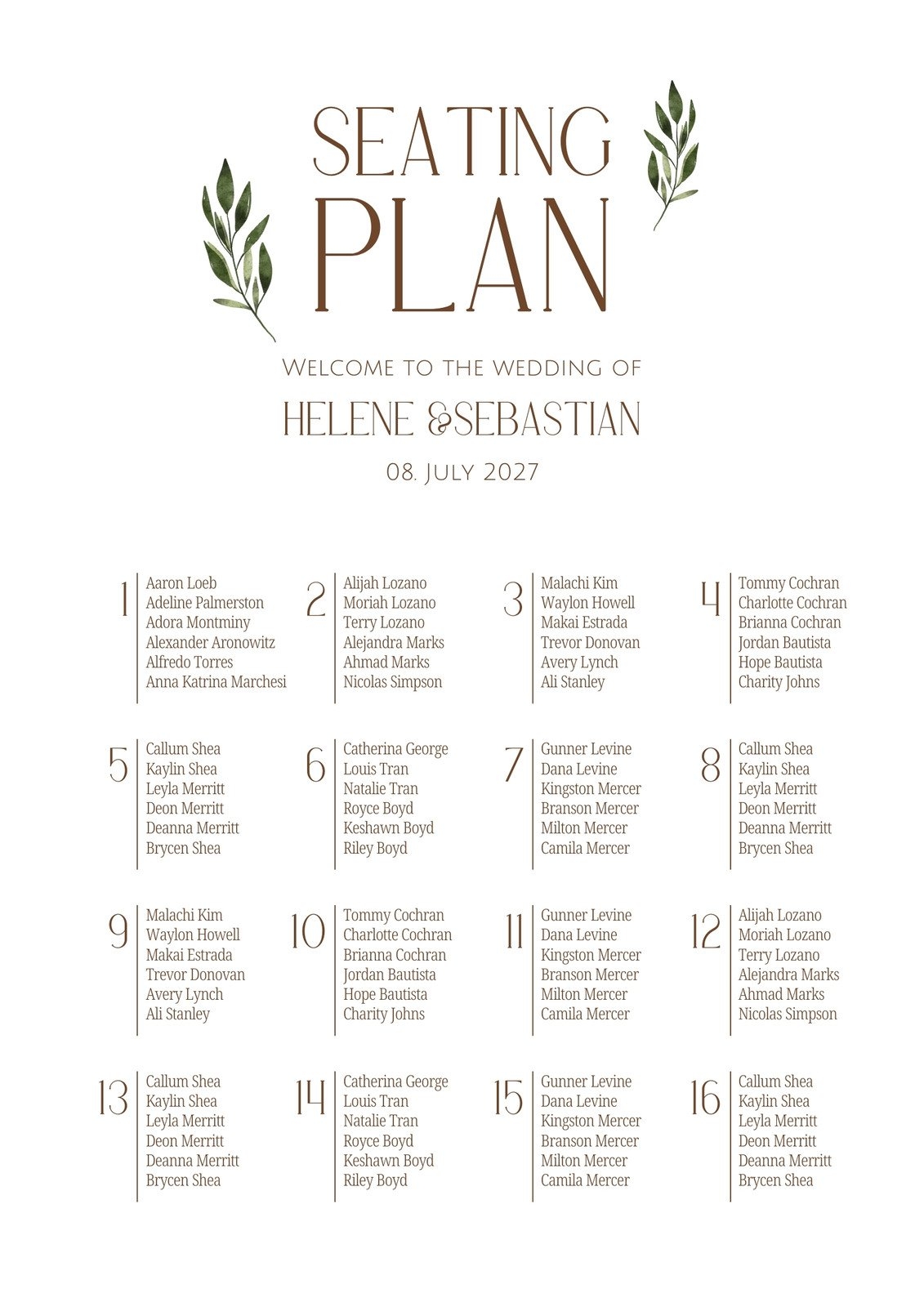 Wedding Seating Plan Template Printable Free