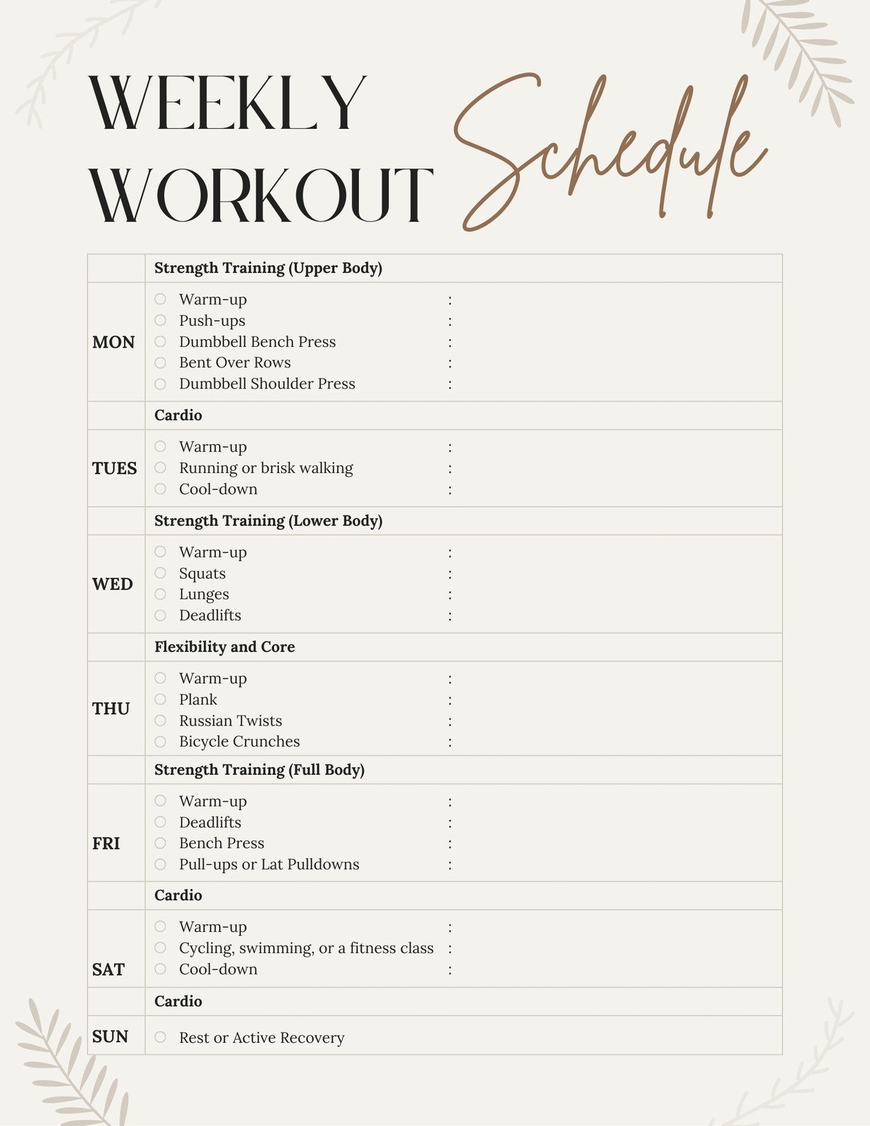 Printable Free Workout Plan Template Pdf