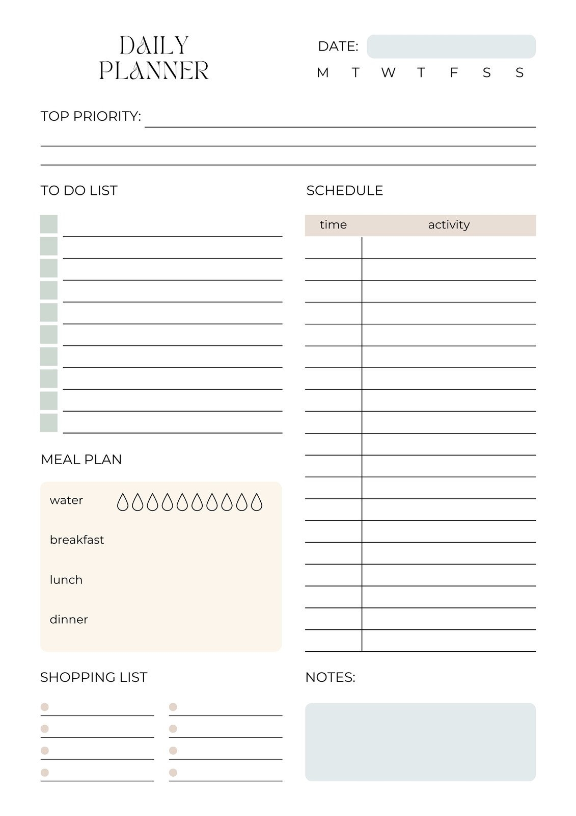 Customizable Free Printable Daily Planner Template