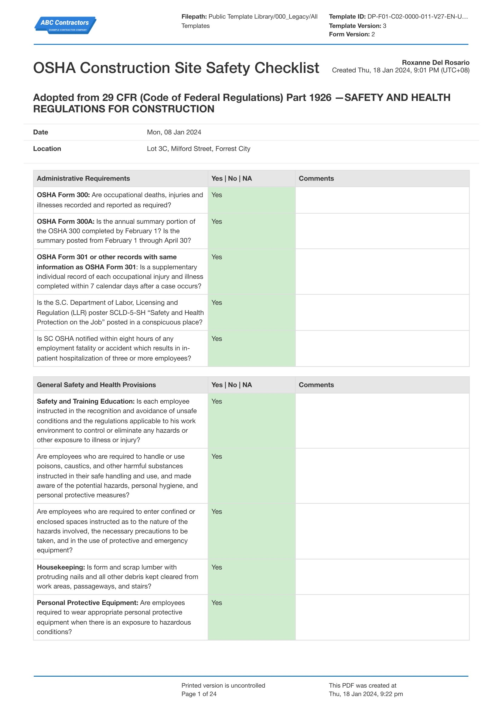 Osha Site Specific Safety Plan Template