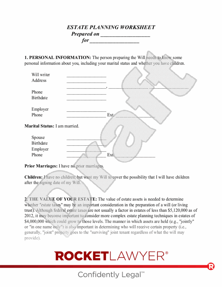 Free Estate Planning Worksheet For Married People Rocket Lawyer