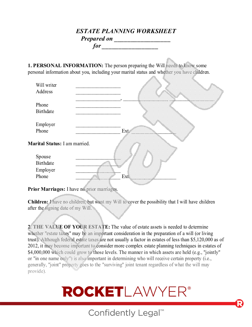 Free Estate Planning Worksheet For Married People Rocket Lawyer