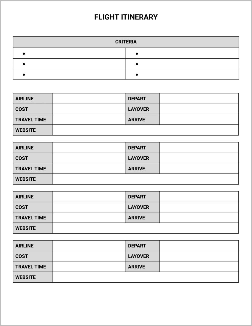 Free Flight Itinerary Template For Google Docs