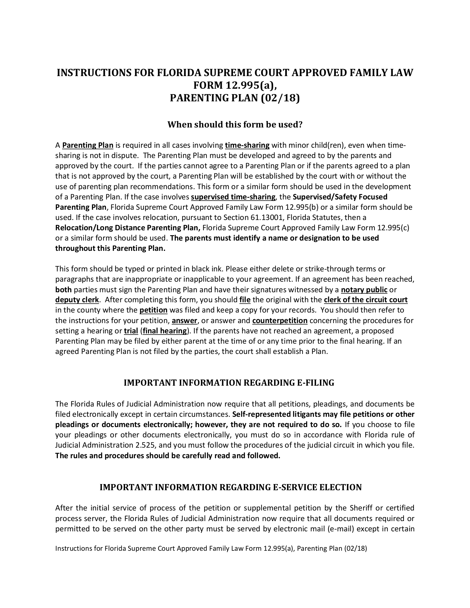 Free Florida Custody Parenting Plan PDF EForms