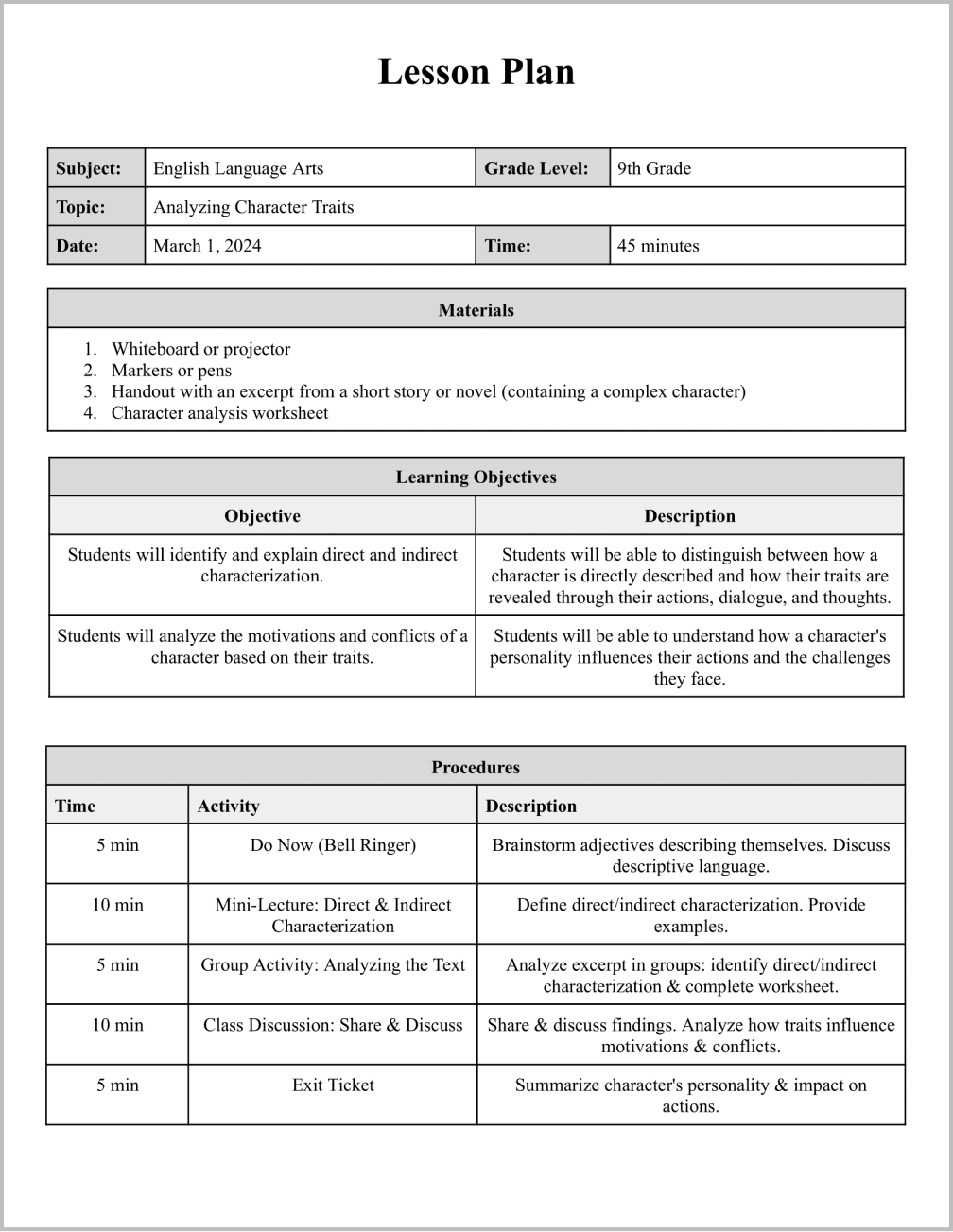 Free High School Lesson Plan Template For Google Docs