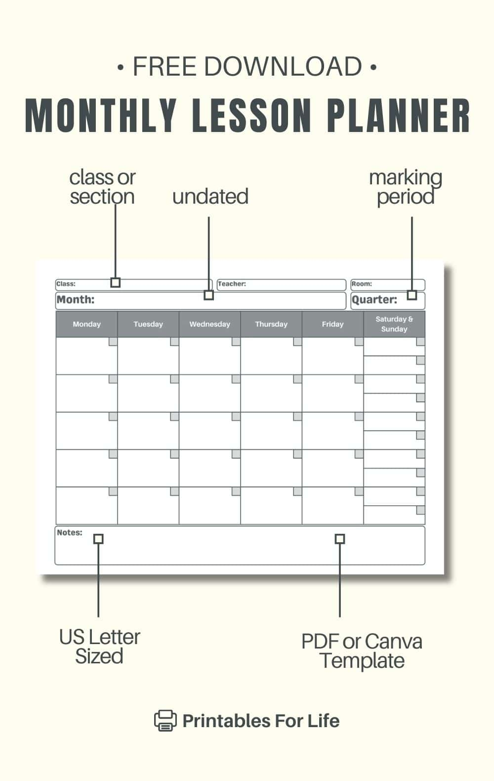 FREE Monthly Lesson Plan Calendar