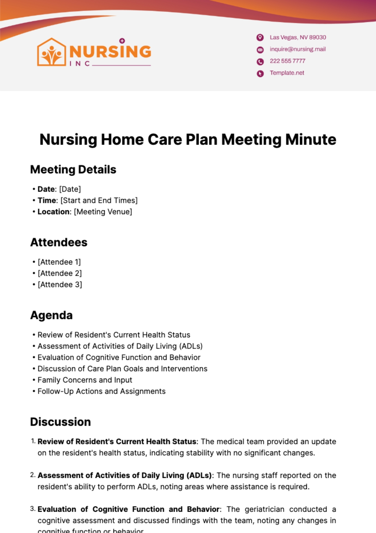 Care Home Care Plan Template