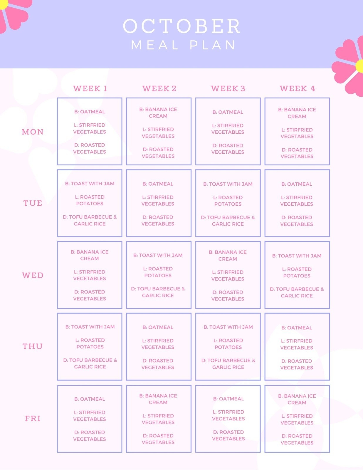 Monthly Meal Plan Template Free Printables