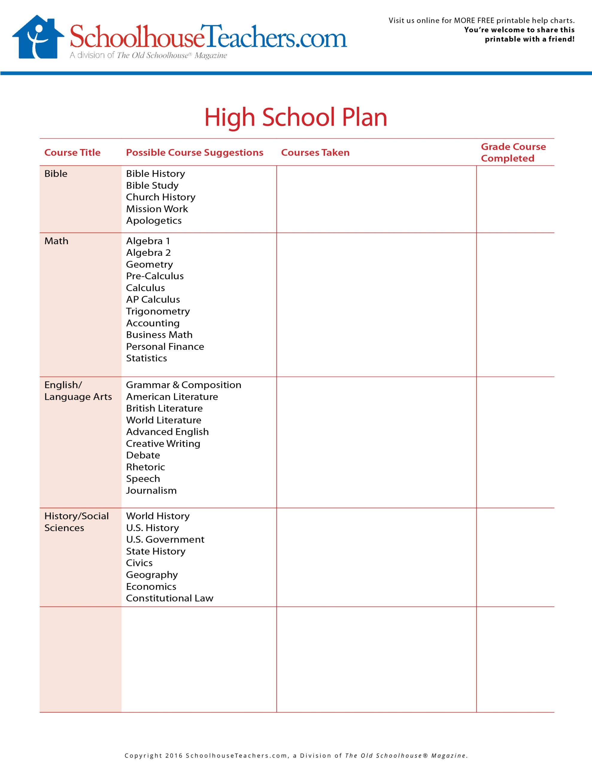 Free Printable Blank High School Planner
