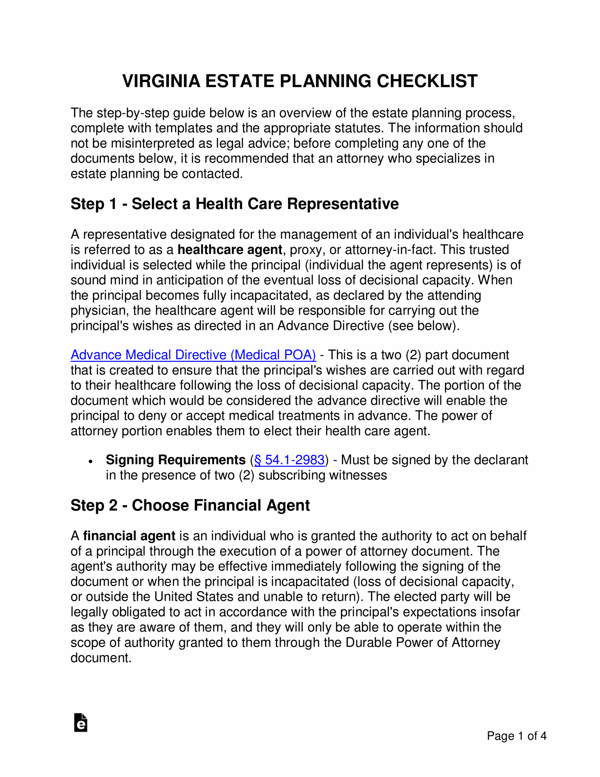 Free Virginia Estate Planning Checklist PDF Word EForms
