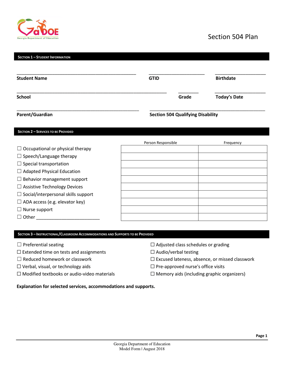 Georgia United States Section 504 Plan Fill Out Sign Online And Download PDF Templateroller
