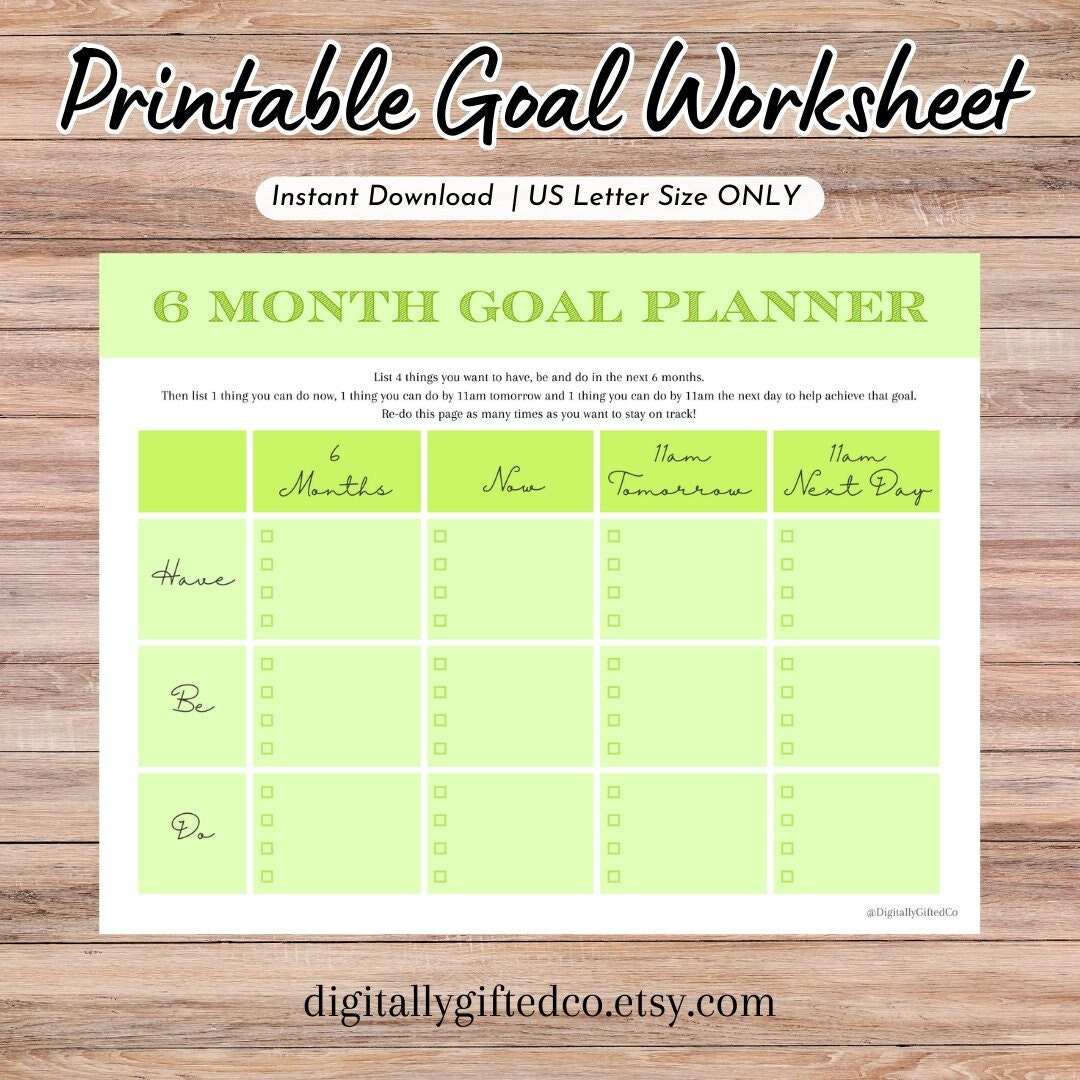 GREEN 6 Month Goals Printable Worksheet Goal Setting Tracker Planner Page Self Improvement U0026 Manifestation PDF GREEN Only Single Page Etsy